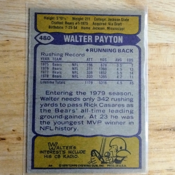 1979 Topps Walter Payton - Picture 2 of 2